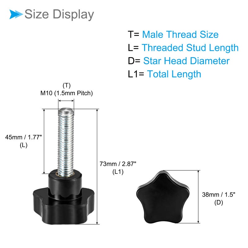 مقابض تثبيت نجمة CoCud، M10 × 45 مم رأس ذكر 38 مم، مقابض يدوية برغي إبهام بلاستيكي، مسمار ملولب أسود - (التطبيقات: لآلات المخرطة)، قطعتان - Image 2